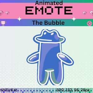 Könnte beinhalten: Ein animiertes Emote mit dem Titel "The Bubble" zeigt einen blauen, tropfenförmigen Charakter mit weißem Umriss. Das Bild hat einen rosa und grünen Hintergrund mit dem Text "Animated EMOTE".