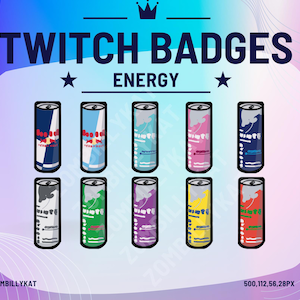Könnte beinhalten: Ein Satz von 10 Twitch-Badges mit Energy-Drink-Dosen in verschiedenen Farben. Die Badges sind so gestaltet, dass sie wie eine Dose Energy-Drink aussehen. Der Text "TWITCH BADGES ENERGY" befindet sich oben im Bild.