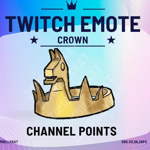 Könnte beinhalten: Eine goldene Krone mit Stacheln, geformt wie der Kopf einer mythischen Kreatur, mit dem Text "TWITCH EMOTE CROWN" und "CHANNEL POINTS" auf einem lila und blauen Hintergrund.