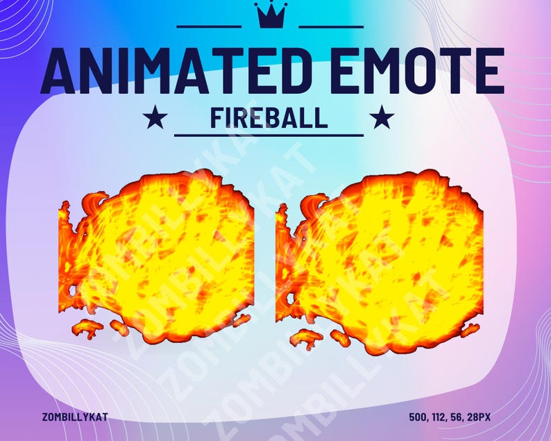K&ouml;nnte beinhalten: Animiertes Emoji eines Feuerballs mit dem Text "FIREBALL" in wei&szlig;en Buchstaben mit einem Stern auf jeder Seite. Das Emoji ist 500 Pixel breit, 112 Pixel hoch, 56 Pixel tief und 28 Pixel pro Zoll.