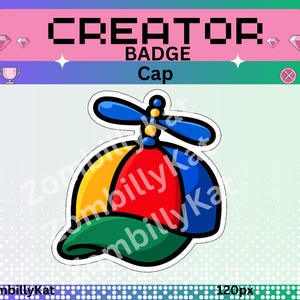 May include: A colourful propeller cap featuring a yellow, red, and blue panelled crown with a green brim. The top of the cap has a blue propeller attached to a small yellow and blue base. The image includes the text CREATOR BADGE Cap and ZombillyKat.