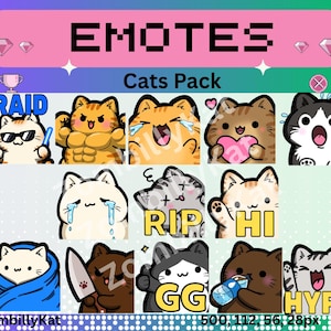 Könnte beinhalten: Eine Sammlung von Katzen-Emotes mit verschiedenen Ausdrücken und Texten. Die Emotes zeigen Katzen mit Sonnenbrillen, Muskeln, Tränen und Herzen. Der Text enthält "RAID", "RIP", "HI", "GG" und "HYPE". Der Hintergrund ist eine Mischung aus Rosa, Grün und Lila.