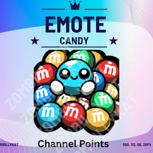 Könnte beinhalten: Ein blauer Comic-Charakter mit großen Augen und einem Lächeln, umgeben von bunten M&M's. Der Text "EMOTE CANDY" befindet sich über dem Charakter und "Channel Points" darunter.