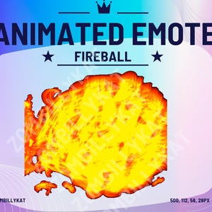K&ouml;nnte beinhalten: Animiertes Emoji eines Feuerballs, einer leuchtend gelben und orangefarbenen Flamme mit einem wirbelnden Muster. Der Text "ANIMATED EMOTE FIREBALL" befindet sich &uuml;ber dem Bild. Der Text "ZOMBILLYKAT" befindet sich unter dem Bild.