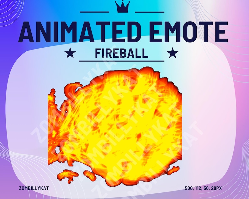 K&ouml;nnte beinhalten: Animiertes Emoji eines Feuerballs, einer leuchtend gelben und orangefarbenen Flamme mit einem wirbelnden Muster. Der Text "ANIMATED EMOTE FIREBALL" befindet sich &uuml;ber dem Bild. Der Text "ZOMBILLYKAT" befindet sich unter dem Bild.