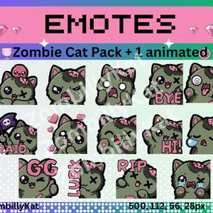 Könnte beinhalten: Ein digitales Sticker-Set mit vierzehn grünen Zombie-Katzen-Emotes mit rosa Gehirnen und Nähten. Der Text lautet EMOTES, Zombie Cat Pack + 1 animated, BYE, RAID, HI, GG, LURK und RIP. Die Grafiken sind auf einem hellen Hintergrund dargestellt.