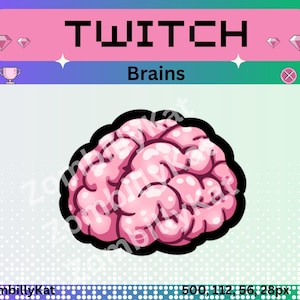 May include: A digital graphic featuring a pink, stylized brain illustration with a thick black outline. The background includes a pink header with the text TWITCH and Brains, accented by diamond and trophy icons, set against a purple and green gradient.