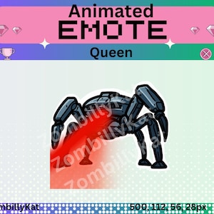 Könnte beinhalten: Animierte EMOTE-Grafik mit einer Roboter-Spinne mit rotem Laserstrahl. Das Wort "Queen" steht unter dem Text "Animated EMOTE". Der Hintergrund ist ein Farbverlauf aus Lila, Grün und Weiß.