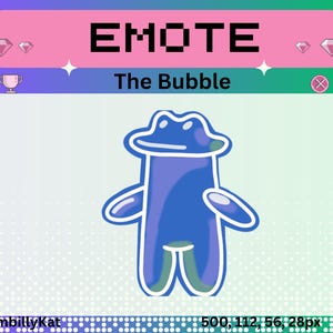 Könnte beinhalten: Eine digitale Grafik mit einer blauen Cartoon-Figur namens "The Bubble". Die Figur hat einen abgerundeten Körper, Arme und einen Kopf. Das Wort "EMOTE" steht oben, darunter der Name der Figur. Der Hintergrund ist ein Farbverlauf aus Grün und Weiß.