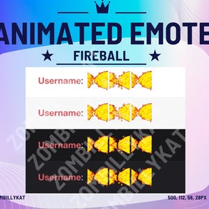 K&ouml;nnte beinhalten: Animiertes Emoji eines Feuerballs mit vier Animationsbildern. Das Emoji ist mit "FIREBALL" beschriftet und hat den Text "Username:" viermal wiederholt.