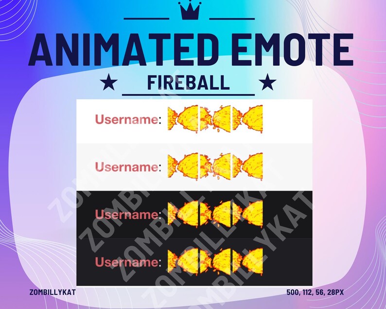 K&ouml;nnte beinhalten: Animiertes Emoji eines Feuerballs mit vier Animationsbildern. Das Emoji ist mit "FIREBALL" beschriftet und hat den Text "Username:" viermal wiederholt.