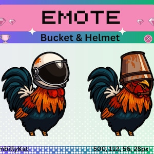 Könnte beinhalten: Zwei Cartoon-Hahn-Emotes. Ein Hahn trägt einen weiß-schwarzen Helm, der andere einen braunen Eimer. Der Text "EMOTE" steht oben, darunter "Bucket & Helmet". Der Hintergrund ist grün und lila.