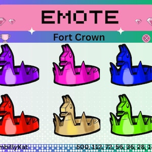 Könnte beinhalten: Grafik mit sechs farbenfrohen, lamaförmigen Kronen. Die Kronen sind in Lila, Pink, Blau, Rot, Gelb und Grün gehalten. Das Wort "EMOTE" steht oben, darunter "Fort Crown". Der Hintergrund ist rosa und grün.