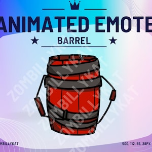 Könnte beinhalten: Animiertes Emoji eines roten Fasses mit schwarzen Riemen. Das Fass ist mit "BARREL" beschriftet und hat eine Krone darüber. Der Text "ANIMATED EMOTE" befindet sich über dem Fass.