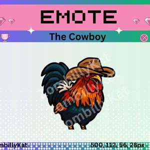 Puede incluir: Ilustración digital de un gallo con sombrero de vaquero. El gallo está representado con plumaje rojo, naranja y negro. La imagen incluye la palabra "EMOTE" y el texto "The Cowboy". El fondo es un degradado de verde, morado y blanco.
