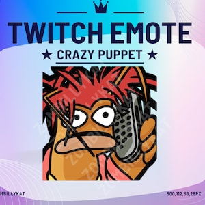 May include: A cartoon character with red hair and a brown body is on the phone. The character is wearing a pink shirt and has a surprised expression. The text "TWITCH EMOTE" and "CRAZY PUPPET" is above the character. The image is 500 pixels wide, 112 pixels high, and 56 pixels deep.