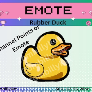 Könnte beinhalten: Eine digitale Grafik mit einer gelben Gummiente mit schwarzen Umrissen. Das Wort "EMOTE" steht oben, darunter "Rubber Duck". Der Text enthält "Channel Points or Emote" und ein Wasserzeichen.