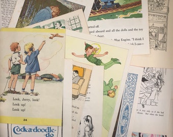 Mixed Lot Illustrated Book Pages // Children’s Book Illustrations, Scrapbooking, Ephemera, Collage, Old Paper 30s 40s 50s 60s 70s