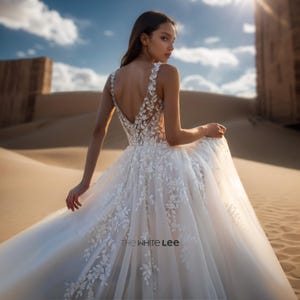 Romantic Bohemian Lace Wedding Dress for Desert or Beach Weddings - V-Neck Tulle Bridal Gown with Floral Embroidery and A-Line Silhouette