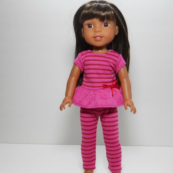 Designed for 14.5 inch dolls such as Wellie Wishers, Pink and Red Stripe and Dot Top and Leggings, 12-1634