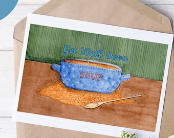 Gute Besserung Suppen Karte, Aquarell Illustration, Cozy Vibes (Digitaler Download)