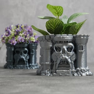 Castle Grayskull Blumen- und Pflanzentopf | Schädel Schloss Planter Sukkulenten Halter | Gothic Dekor | 3D gedruckter Schädelpflanzer entwirft Schädelgesicht
