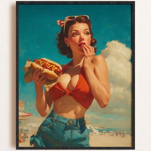 1950s Pinup Girl Summer Art Print Printable Digital Download High Res 300DPI Vintage Poster Retro Wall Decor Coastal Living Room Home