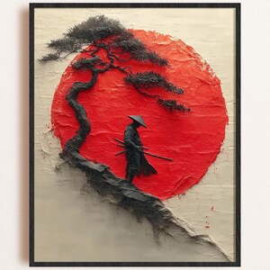 Könnte beinhalten: Gerahmtes Kunstwerk mit einem schwarzen Samurai mit Katana vor einer großen roten Sonne. Ein dunkler Baum befindet sich auf der linken Seite, mit einem strukturierten, cremefarbenen Hintergrund. Das Kunstwerk ist in einem schwarzen Rahmen eingefasst.