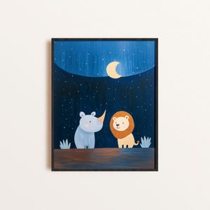 Dschungel Tier Druck | Printable Löwe und Nashorn unter Sternenhimmel | Safari-Thema | Wandkunst | Sofortdownload | Löwe und Nashorn Printable