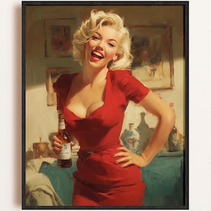 May include: A framed vintage-style print featuring a woman in a red dress holding a beer bottle. The woman has blonde hair and is smiling. The background includes paintings and a table with bottles.
