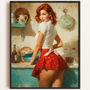 1950s Pin-Up Kitchen Art Print Digital Download, Retro Flirty Vintage Poster, Mid-Century Housewife Wall Decor, Vintage Wall Art Decor