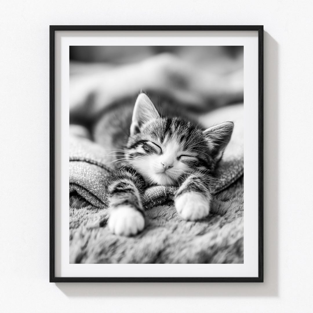 Black & White Cozy Cat Portrait, Printable Sleeping Kitten Wall Art ...