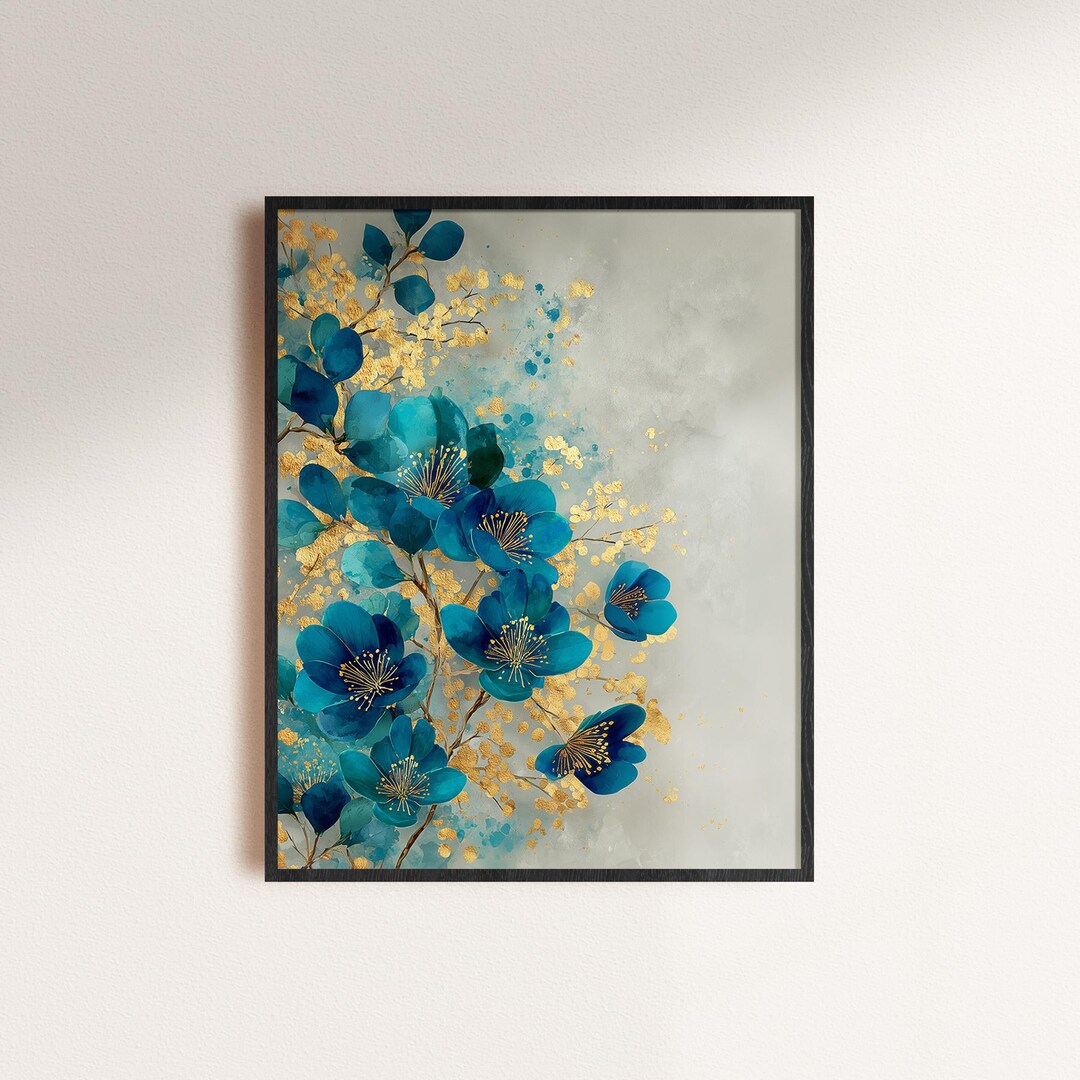 Teal Floral Wall Art Print With Gold Leaf Accents, Botanical Decor ...