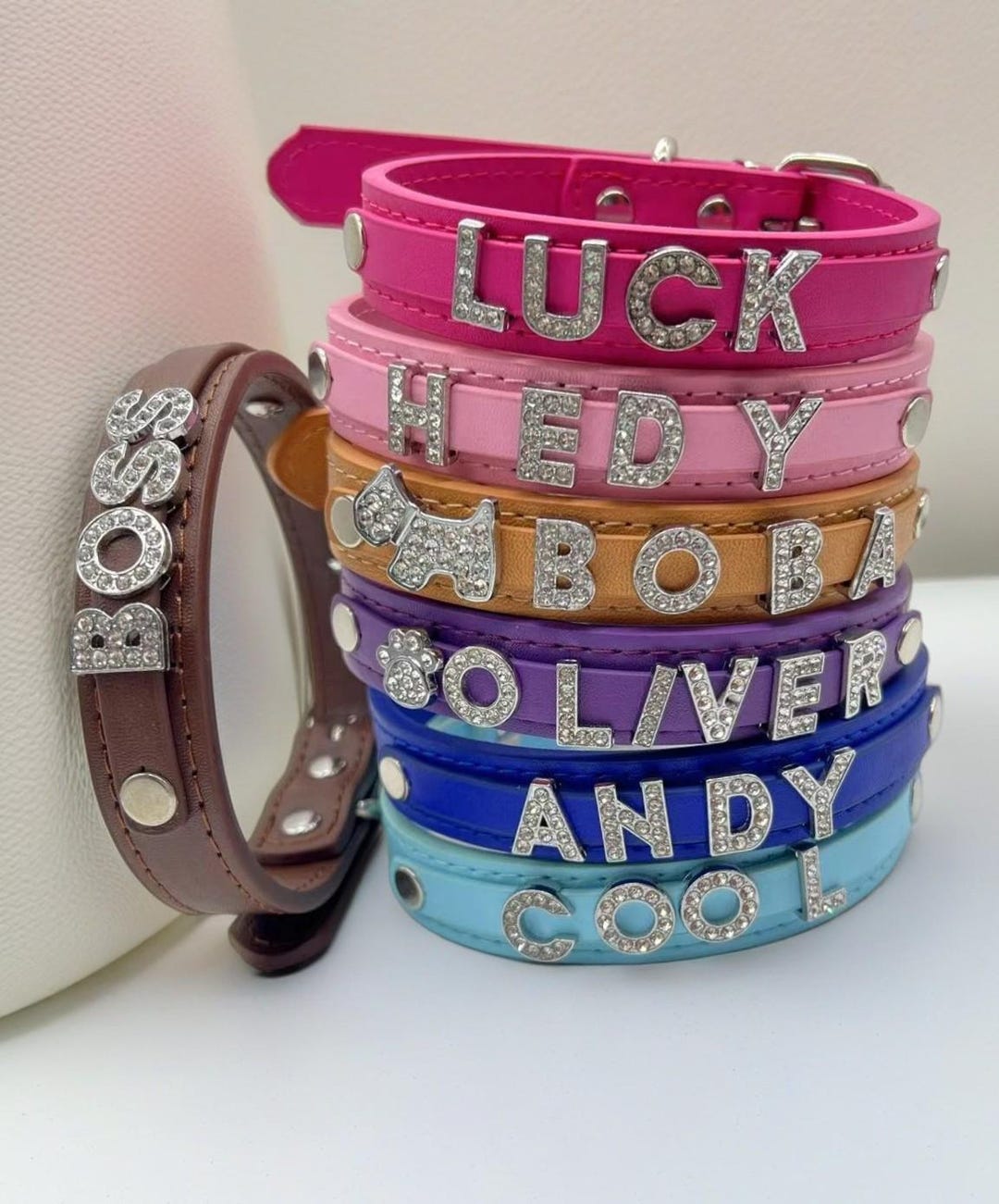 Personalized Leather Dog Collar: Rhinestone Name, Custom Pet Collar - Etsy