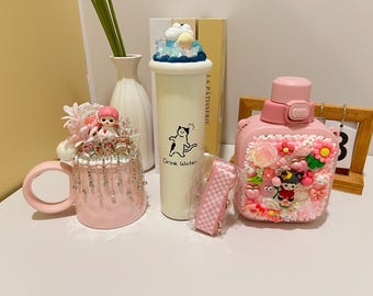 Ensemble de verres en strass Kawaii : tasse, gobelet et bouteille d'eau faits main