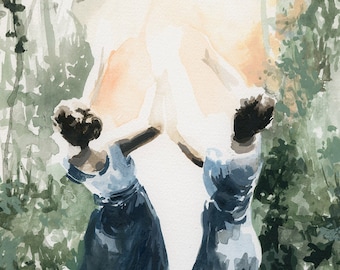 May include: Two figures in blue dresses dance in a watercolour painting. The figures are facing each other and their arms are raised. The background is a soft wash of green and white.
