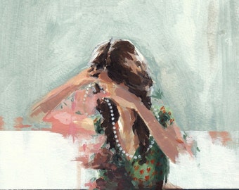 May include: A painting of a person wearing a green and red dress with a white pearl necklace. The person is standing in front of a white wall with a blue stripe at the bottom.