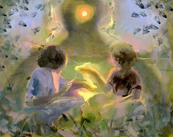May include: Two people sit facing each other in a field, with a bright yellow sun in the background. The person on the left is wearing a purple shirt and the person on the right is wearing a brown shirt. The scene is painted in a loose, impressionistic style.
