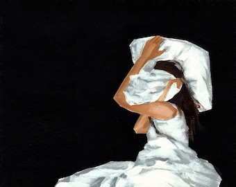 May include: An acrylic painting on a black background depicting a figure with dark brown hair wearing a white garment, holding a white pillow over their head and face with both arms, rendered in a textured, painterly style with visible brushstrokes.