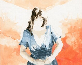 May include: A watercolor painting depicting a figure wearing a dark blue dress with short sleeves and a cinched waist. The figure has dark hair and is positioned against a vibrant, abstract background of blended orange and white paint washes.
