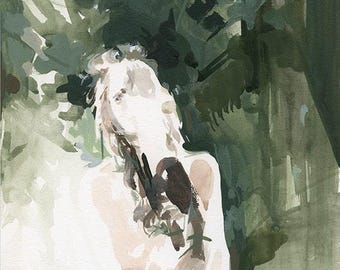 May include: An abstract painting featuring a central white figure with soft peach and brown accents, surrounded by expressive, layered brushstrokes in various shades of forest green, olive, and sage, creating a dense, foliage-like composition.