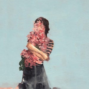 May include: A painting of a person holding a bouquet of pink flowers in front of their face. The person is wearing a striped shirt and a dark skirt.