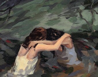 May include: An oil painting depicting two figures with long dark hair, wearing white garments, embracing each other while partially submerged in dark water. The background features a muted green landscape with bare, dark tree branches under a gray sky.