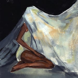 May include: An abstract painting depicts a figure kneeling, draped in a flowing white fabric against a dark background. The figure's skin tone is a warm brown, and the artwork uses broad brushstrokes to create a sense of movement and texture. The color palette includes white, black, and muted tones.