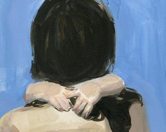 May include: An acrylic painting on canvas depicting a figure with dark hair seen from behind, with pale arms wrapped around their own shoulders. The background is a solid light blue, and the figure has a tan skin tone with visible brushstrokes.