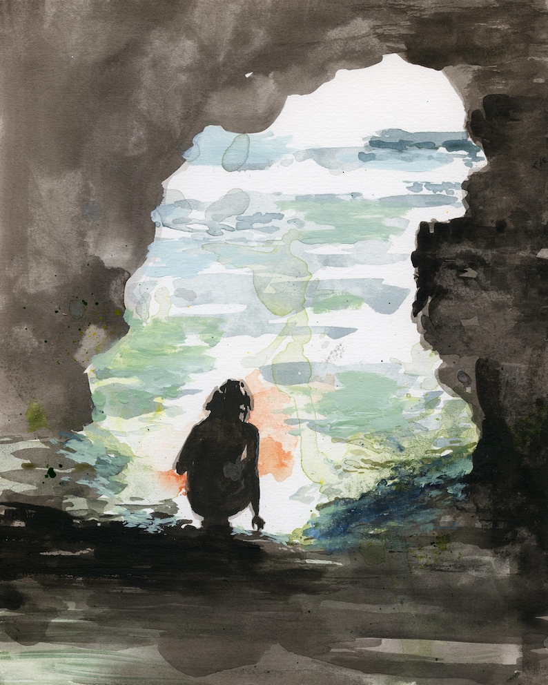 May include: Watercolor painting of a person silhouetted in a cave opening, gazing at a sunlit seascape. The artwork features dark, textured rock formations framing the bright, colorful water and sky. The color palette includes shades of black, blue, green, and orange.
