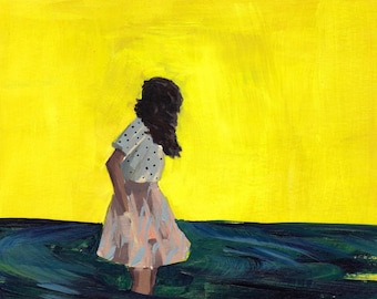 May include: A woman in a white polka dot shirt and a pink skirt stands in front of a bright yellow background. The woman's hair is dark and she is facing away from the viewer. The background is a solid yellow color and the bottom of the image is a dark blue.