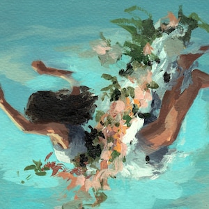 May include: A painting of a person diving into a turquoise body of water. The person is wearing a white dress and is surrounded by a bouquet of flowers.