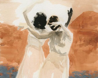 May include: A watercolor painting depicting two figures standing side by side with arms raised, wearing light-colored dresses. The background features abstract washes of terracotta orange and a textured dark blue foreground under a pale sky.