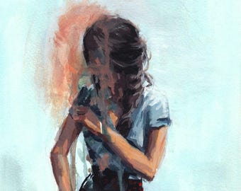 May include: An expressive painting depicting a figure with dark hair in a braid, wearing a light blue short-sleeved top and a dark skirt with red polka dots. The artwork features loose, visible brushstrokes with a soft orange glow behind the head.
